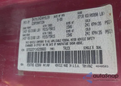 1999 Dodge Dakota Slt/Sport из США, поврежденный, VIN 1B7GG22Y1XS299683